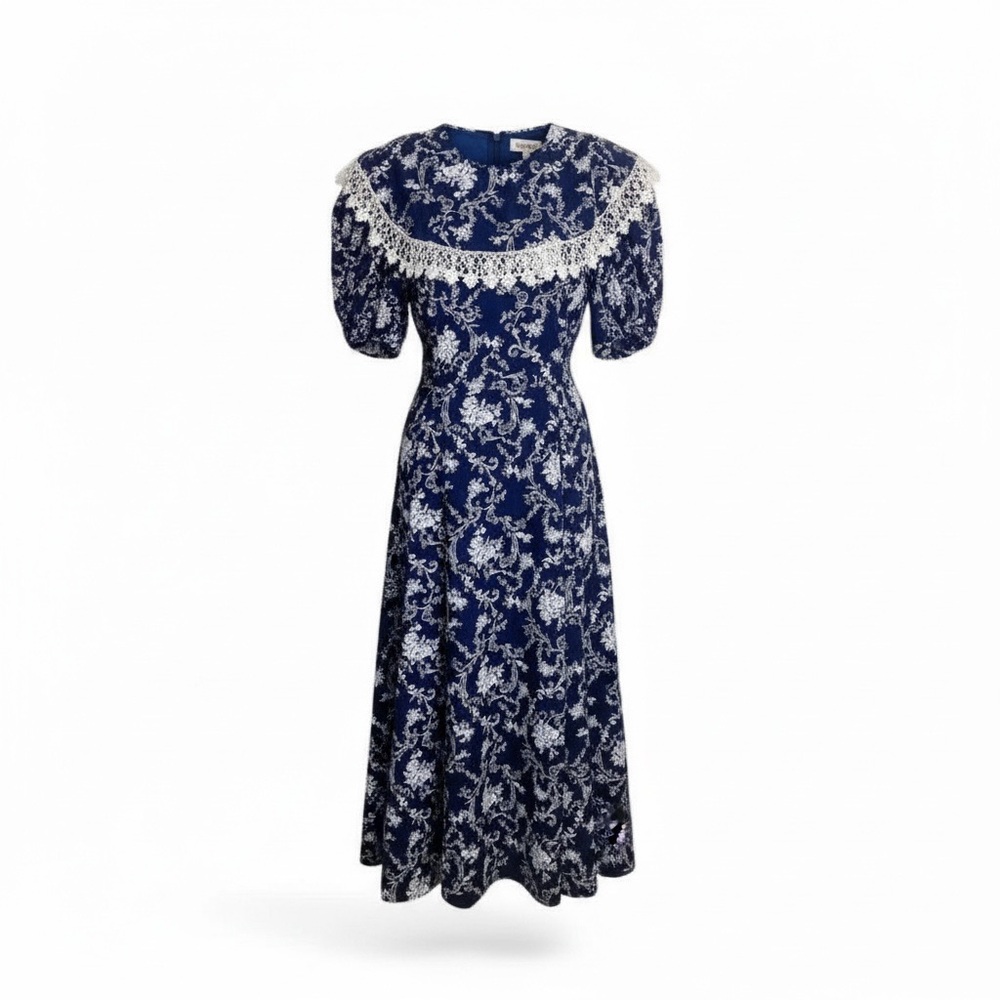 Scott McClintock Dress Size 10 Navy Floral Lace Bib Prairie Vintage Midi